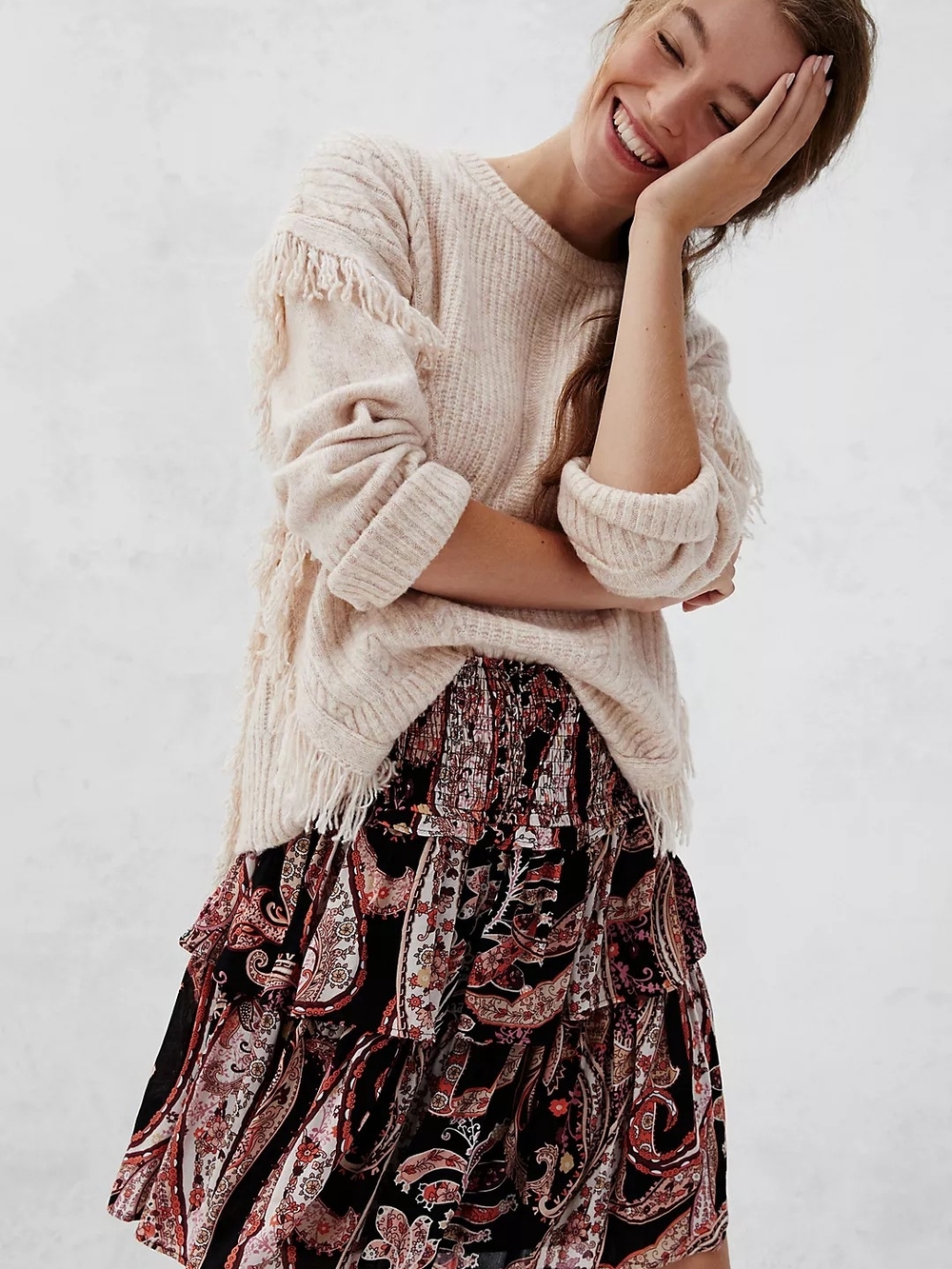 Anthropologie Myla Black Paisley Ruffle Tunic with Orange Accents